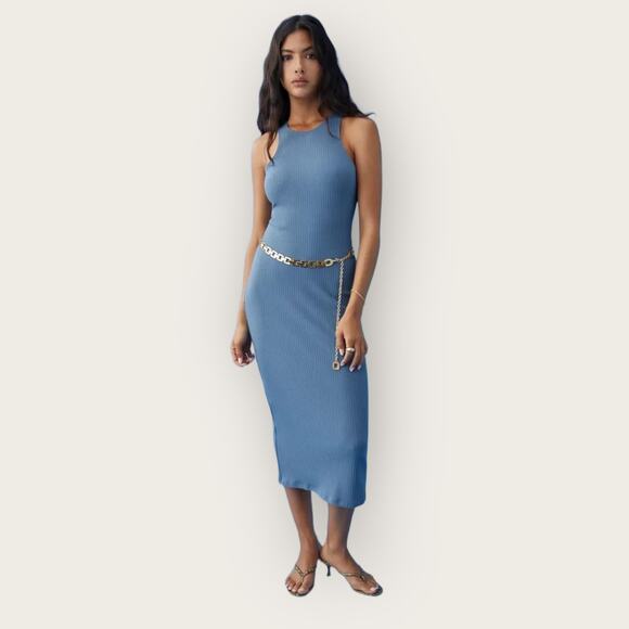 Reformation Candice Bodycon Midi Dress Cut Out Large Blue Ribbed Knit Open Back - Picture 2 of 12